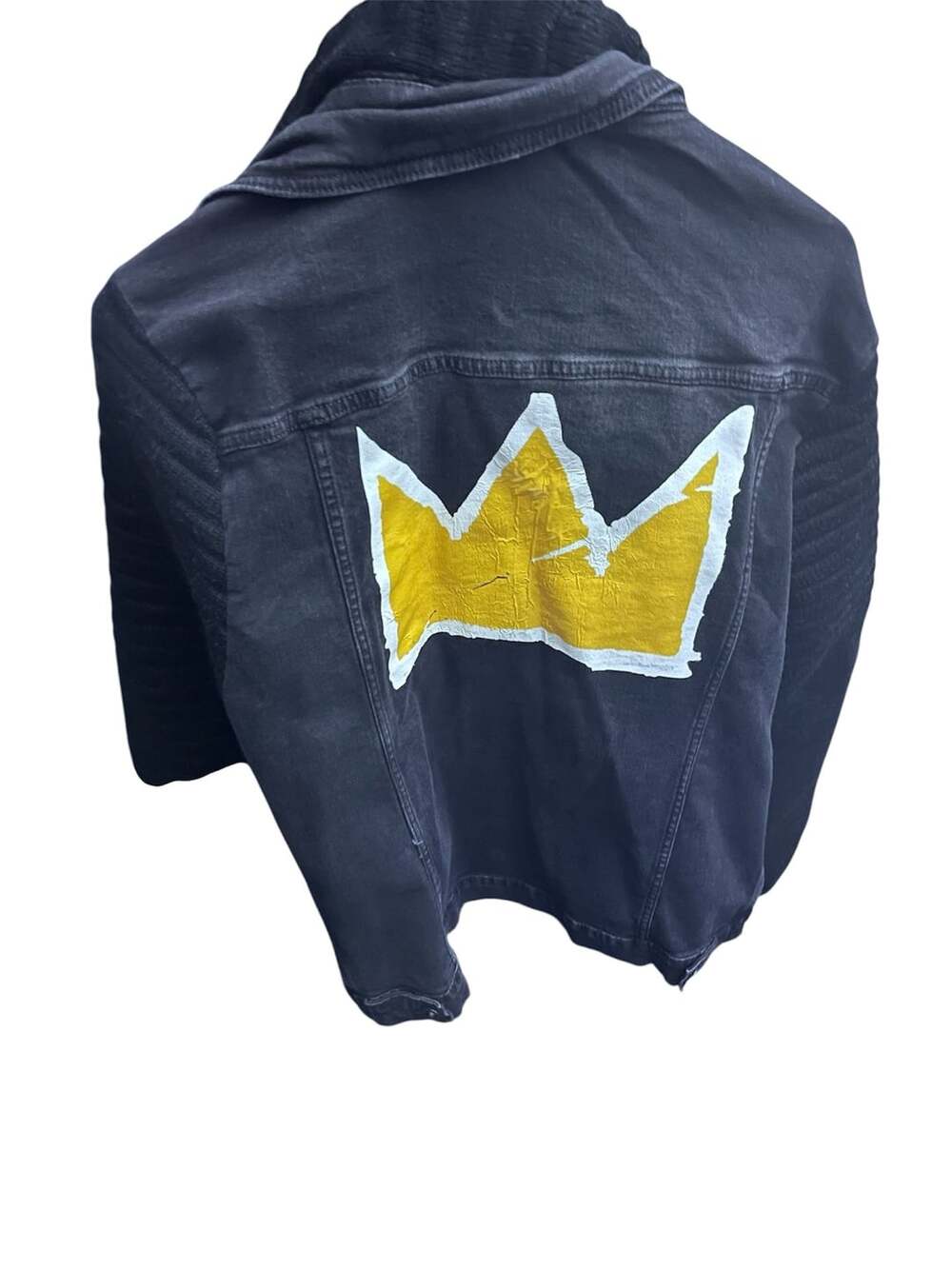Leif Nelson Denim Jacket Size XL Black Hooded Crown Back Graphic